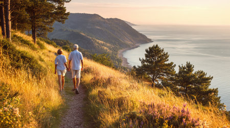 A couple strolls along a scenic coastal trail with vibrant flowers and trees, enjoying a picturesque sunset by the calm sea in the background.の素材