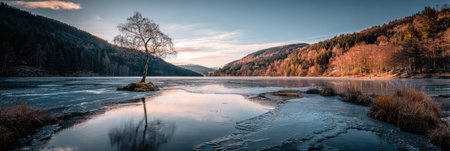 A solitary tree stands on a small island in a frozen lake, reflecting the warm colors of the sunset among surrounding mountains and frosty terrain.の素材