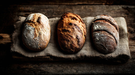 Freshly baked rustic bread loaves showcase diverse textures and colors on a fabric surface in a warm, inviting setting for food lovers.の素材