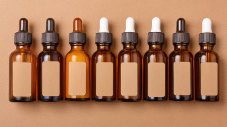 Eight glass dropper bottles in different shades are lined up on a smooth brown surface, ideal for packaging essential oils or herbal extracts.の素材
