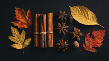 Cinnamon sticks, star anise, and various dried leaves are artistically arranged against a dark background, showing a warm autumn theme rich in flavors.の素材