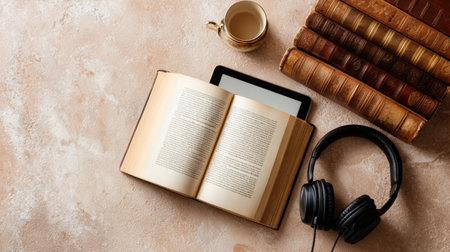 A tranquil reading nook features an open book alongside a tablet, a steaming cup of coffee, and headphones, creating a perfect atmosphere for relaxation.の素材