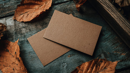 Brown cardstock is placed on a rustic wooden surface surrounded by dried leaves in various autumn hues, evoking a cozy seasonal mood.の素材