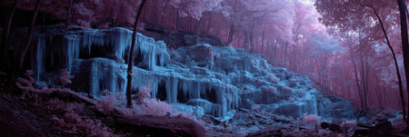 A captivating waterfall flows over rocks, surrounded by trees bathed in a soft purple hue, creating a tranquil atmosphere at twilight in a forest setting.の素材