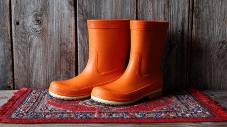 Bright orange rubber boots are placed on a vintage red rug, emphasizing their vibrant color against a rustic wooden backdrop in a cozy indoor atmosphere.の素材