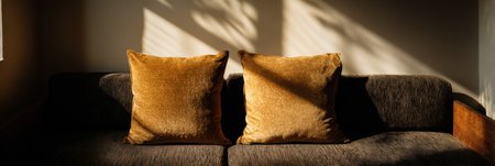 Two plush golden cushions sit symmetrically on a dark sofa, illuminated by gentle sunlight streaming through a nearby window, creating a serene atmosphere.の素材