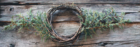 Freshly gathered greenery is arranged in a circular shape on weathered wood, showcasing a rustic wreath perfect for seasonal decoration or crafting.の素材