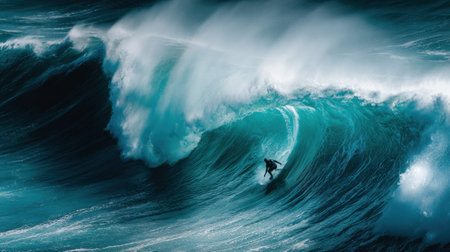 Surfer expertly navigating a massive wave in the ocean, showcasing skill and adventure in a stunning coastal landscape during twilight hoursの素材