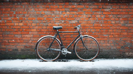 Bicycle with a snowy coating stands beside a weathered brick wall, showing a tranquil winter scene in a quiet urban area.の素材