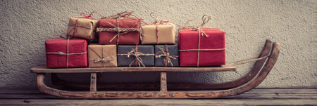 A vintage sled holds a collection of wrapped gifts in various colors, showcasing a cozy aesthetic against a muted wall, perfect for holiday decoration.の素材