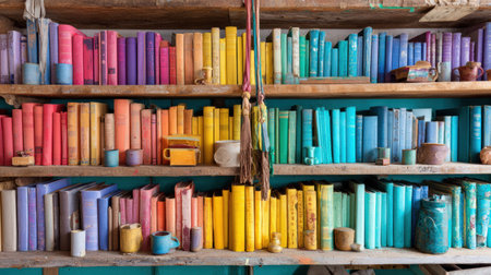 Shelves display an array of books organized by color, creating a vibrant and inviting atmosphere in a warm, rustic library setting.の素材