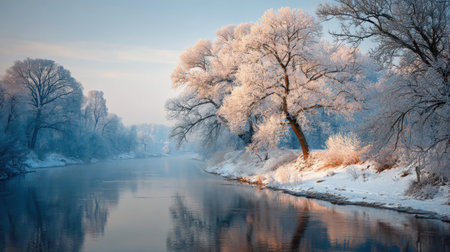 Frosty trees reflect on the calm river water during early morning hours, showing the beauty of winter in a peaceful natural settingの素材