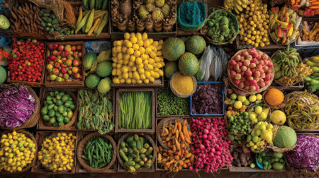 Bright and colorful display of various fruits and vegetables at a local marketplace, showing the abundance and diversity of produce available for shoppers.の素材