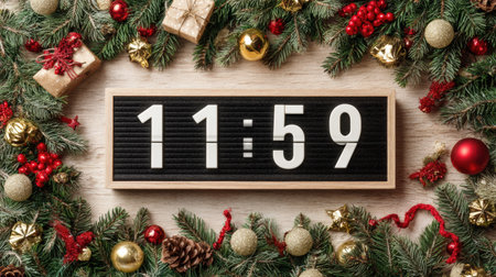 A countdown clock shows 1159, framed by pine branches, gold ornaments, and red decorations, capturing the anticipation for New Years celebrations.の素材