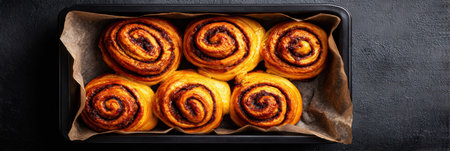Warm and inviting cinnamon rolls freshly baked and arranged in a black tray, showing a delightful swirl of cinnamon and sugar, ideal for dessert.の素材