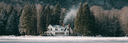 Snow blankets the ground and a serene lake reflects the winter landscape as a charming house stands nestled among towering evergreen trees.の素材