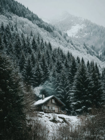 A rustic wooden cabin emits a gentle plume of smoke while nestled in a snowy scene with towering evergreens against the backdrop of majestic mountains.の素材