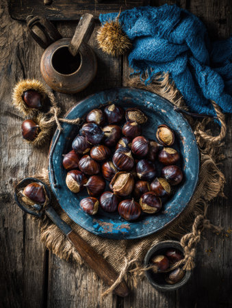 Beautifully gathered chestnuts displayed on a weathered wooden table, surrounded by a rustic atmosphere created by kitchen tools and natural textures.の素材