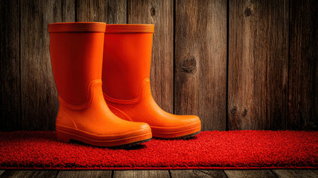 Bright orange rubber boots stand on a vibrant red rug, creating a lively contrast against the warm wooden background, perfect for rainy weather.の素材