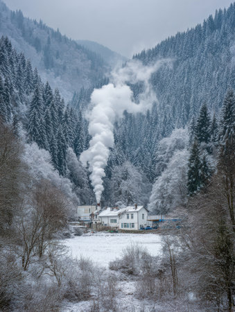 A serene winter landscape features a white cabin nestled in a snowy valley, with steam rising from its chimney, surrounded by dense evergreen trees.の素材