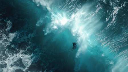 A surfer skillfully rides a large wave, surrounded by vibrant blue water and white sea foam, with sunlight shimmering through the oceans surface.の素材