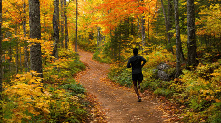 A person jogs along a winding forest trail, embraced by colorful autumn trees in various shades of orange, yellow, and red, basking in the afternoon sun.の素材