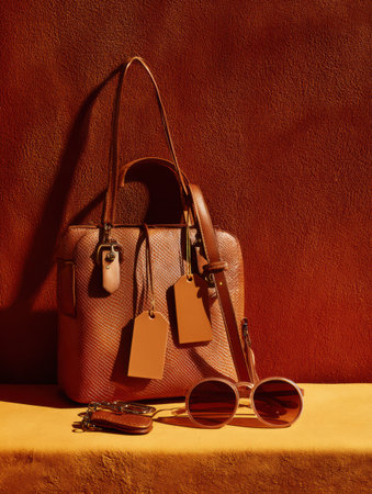 A stylish brown handbag with multiple tags lies on a vibrant yellow surface paired with sleek sunglasses, set against an artistic orange backdrop.の素材