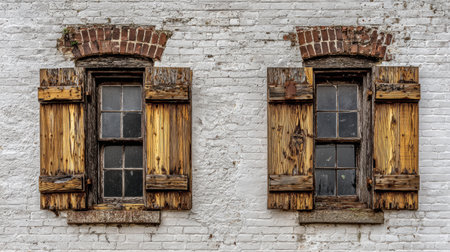 Old wooden shutters with peeling paint enhance vintage windows nestled in a weathered brick wall, showing charming architectural details of decay.の素材