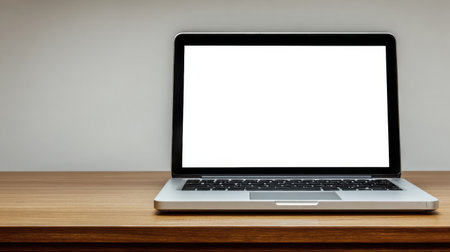 A sleek laptop sits on a smooth wooden desk, its blank screen reflecting a modern and clean workspace. Natural light enhances the minimalist aesthetic.の素材
