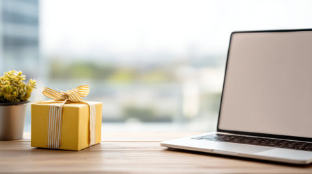 A yellow gift box with a ribbon sits next to an open laptop on a wooden desk, accompanied by a small potted plant and a bright window view.の素材