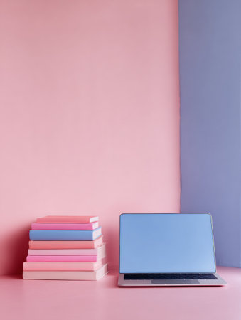 A vibrant workspace showcases a stack of colorful books next to a modern laptop, all centered against a pastel pink and blue background, ideal for inspiration.の素材