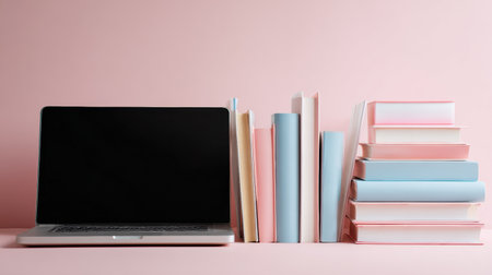 A laptop sits next to a collection of colorful books arranged on a pink background, creating a vibrant and inviting studying environment perfect for learning.の素材