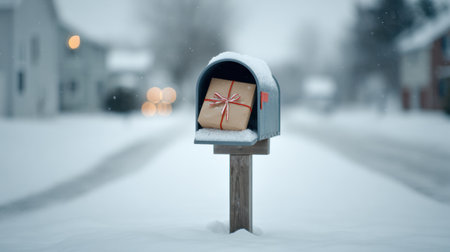 A cozy scene shows a mailbox filled with a neatly wrapped package amidst fresh snow, with soft lights glowing from nearby houses on a winter evening.の素材