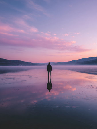A figure stands on a frozen lake at sunrise, with colorful reflections on the ice and a sky painted in purple and pink hues.の素材