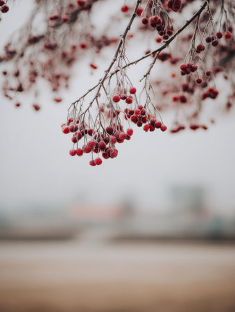 Bunches of vibrant red berries dangle from a bare branch against a soft, blurred background, reflecting the serene atmosphere of winter.の素材