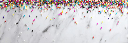 Colorful sprinkles adorn a smooth marble surface, ideal for enhancing cakes, cupcakes, and festive treats at celebrations.の素材