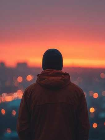 A person stands silhouetted against a beautiful sunset backdrop, overlooking a city with glowing lights as day transitions into night.の素材