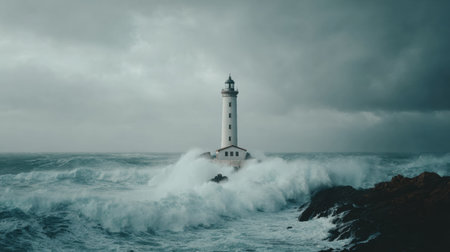 Amidst dark clouds, turbulent waves lash against a lighthouse standing strong on rocky terrain, showcasing natures fierce power during a storm.の素材