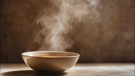 A bowl of hot soup emits steam in a warm atmosphere, creating a sense of comfort and relaxation in a softly lit environment.の素材