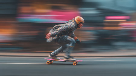 A skateboarder rides at high speed along a city street, showcasing agility and thrill against a colorful urban backdrop during twilight.の素材