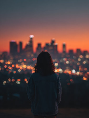 A person gazes at the stunning Los Angeles skyline during sunset, surrounded by shimmering city lights and a vibrant sky.の素材