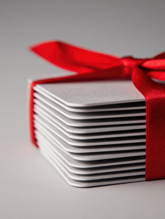 A neat stack of white coasters secured with a bright red ribbon displays a simple yet elegant gift idea, ideal for any occasion or celebration.の素材