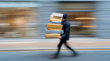A person quickly walks along a city street, balancing several wrapped packages in their arms while lights from shops illuminate the surroundings.の素材