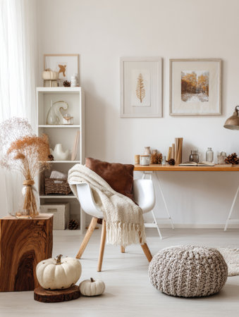 A stylish workspace featuring neutral colors, natural elements, and cozy accents that evoke an inviting autumn atmosphere throughout the room.の素材