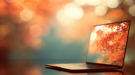 A laptop rests on a surface while showcasing a colorful autumn leaf display on its screen, surrounded by blurred warm-toned foliage during a bright day.の素材