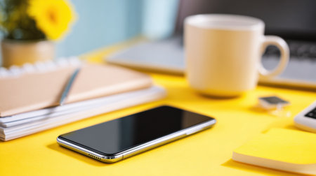 A vibrant workspace featuring a smartphone, a steaming coffee mug, and various stationery items arranged neatly on a yellow desk during the morning.の素材