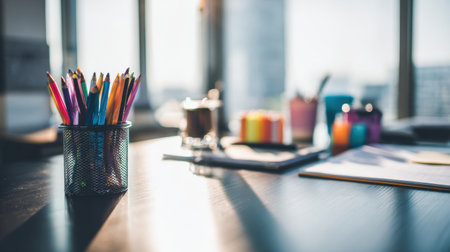 A bright workspace features a cup of colorful pencils besides various art materials on a desk, with sunlight streaming through large windows.の素材