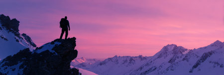 A climber stands on a rocky outcrop, silhouetted against a breathtaking purple sunset over snow-capped mountains, capturing the beauty of nature.の素材