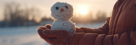A child warms their hands around a handmade snowman during a serene winter afternoon, with soft sunlight illuminating the snowy landscape.の素材