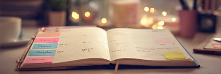 A planner rests open on a desk, featuring colorful sticky notes organized by subject. Soft lighting enhances the cozy atmosphere of the workspace.の素材